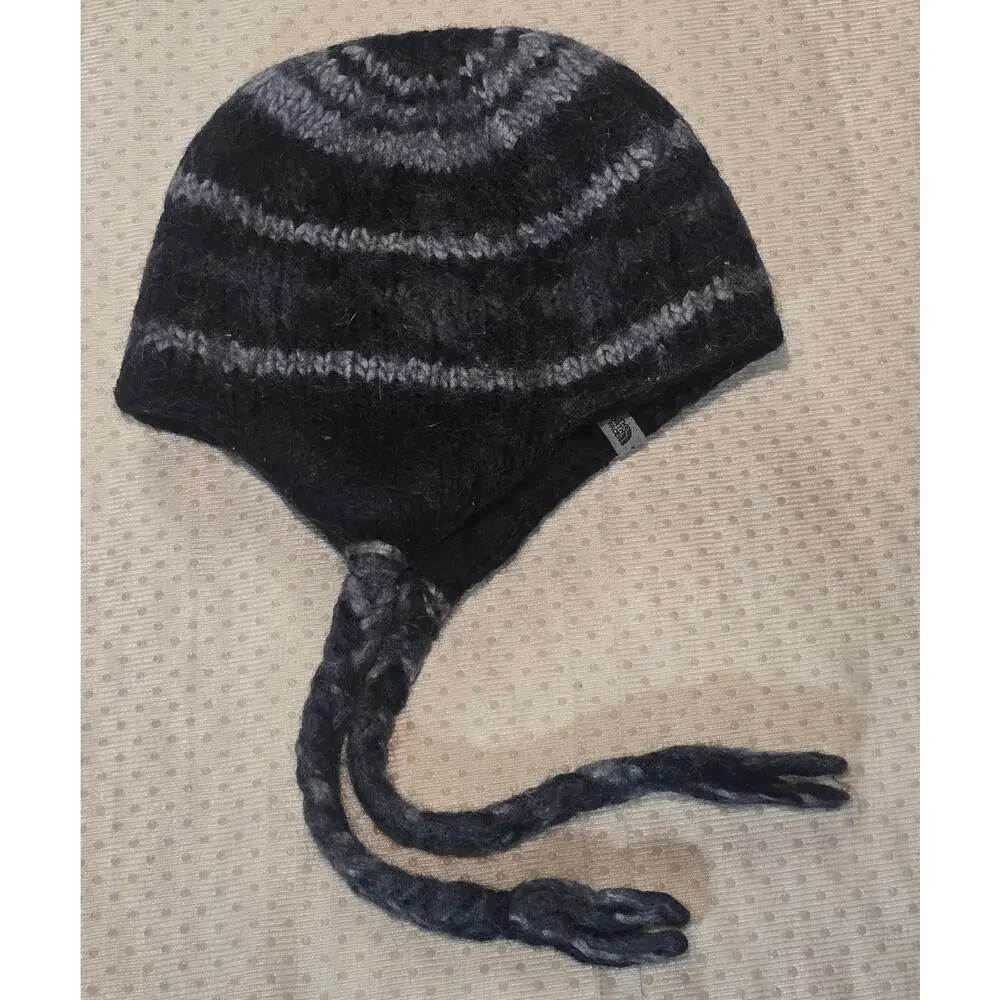 The North Face Earflap Beanie Hat Fleece Braided Tassel Black Gray Unisex